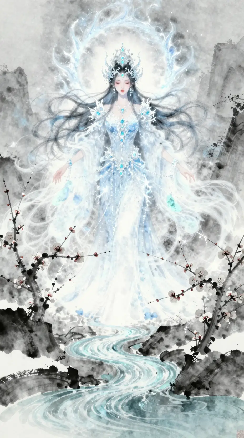 Serena valle invernale in illustrazione poetica a inchiostro