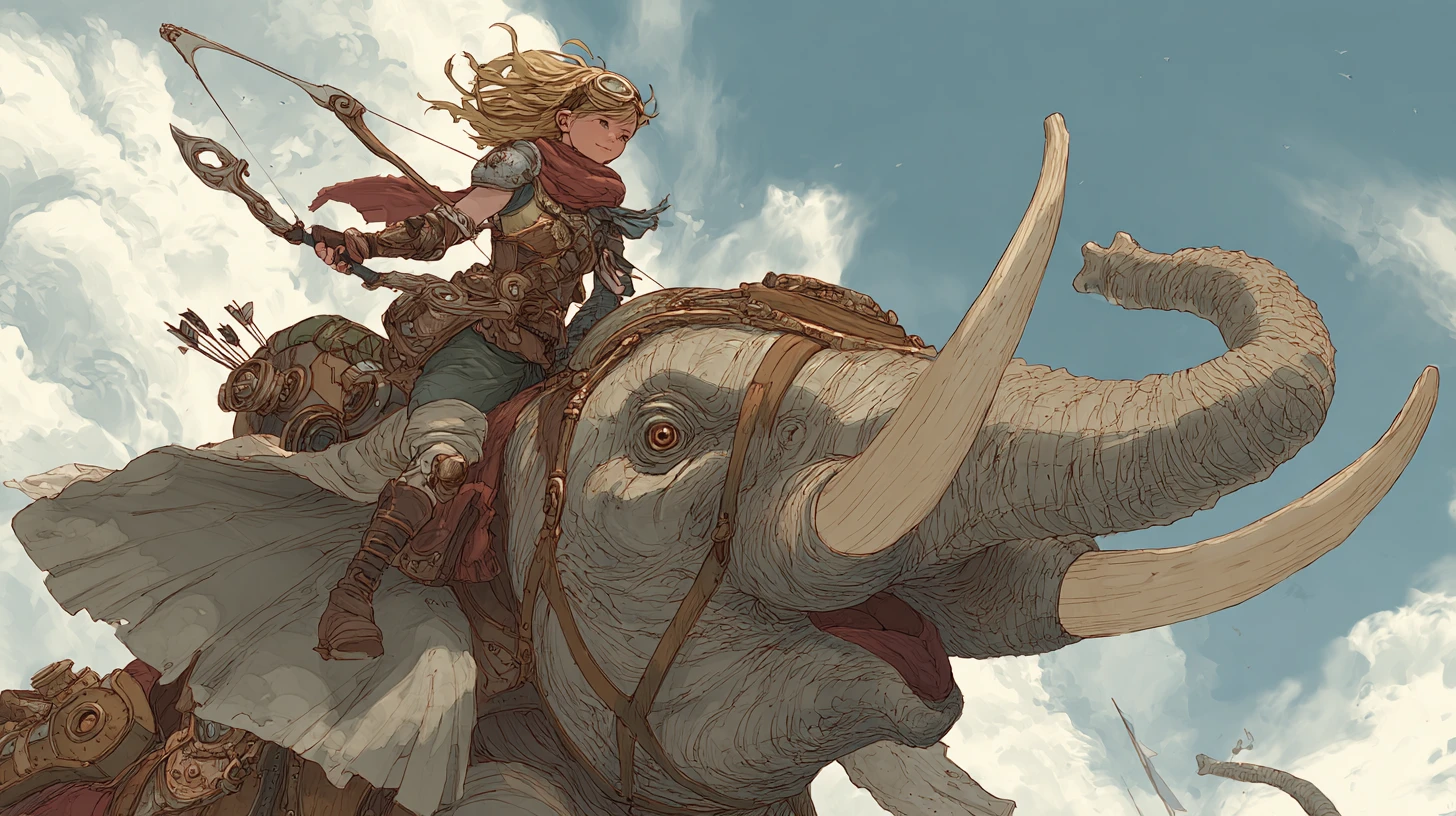 Guerriera steampunk che cavalca un elefante africano volante