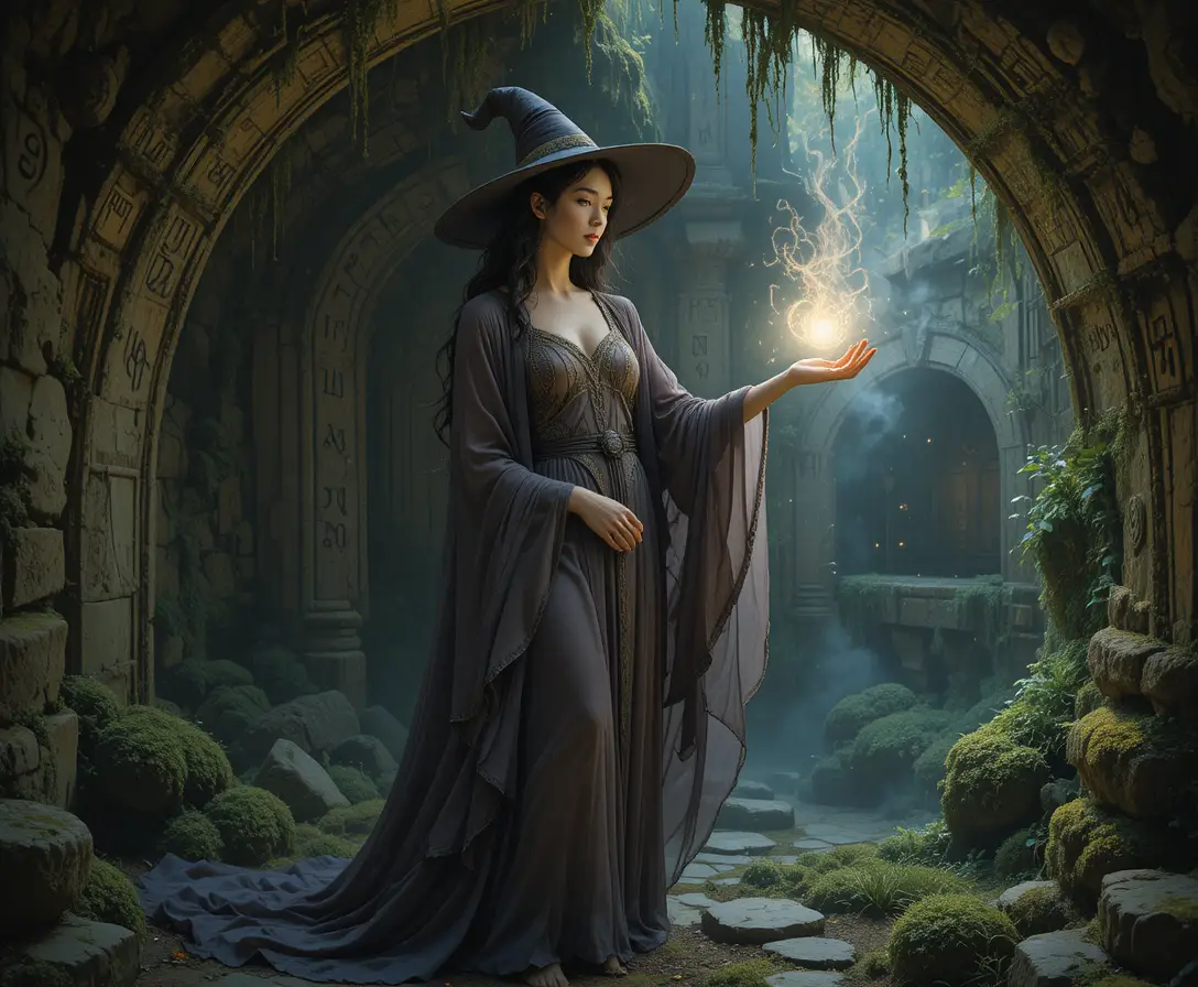 Bruja elegante que conjura luz en una gruta musgosa escondida