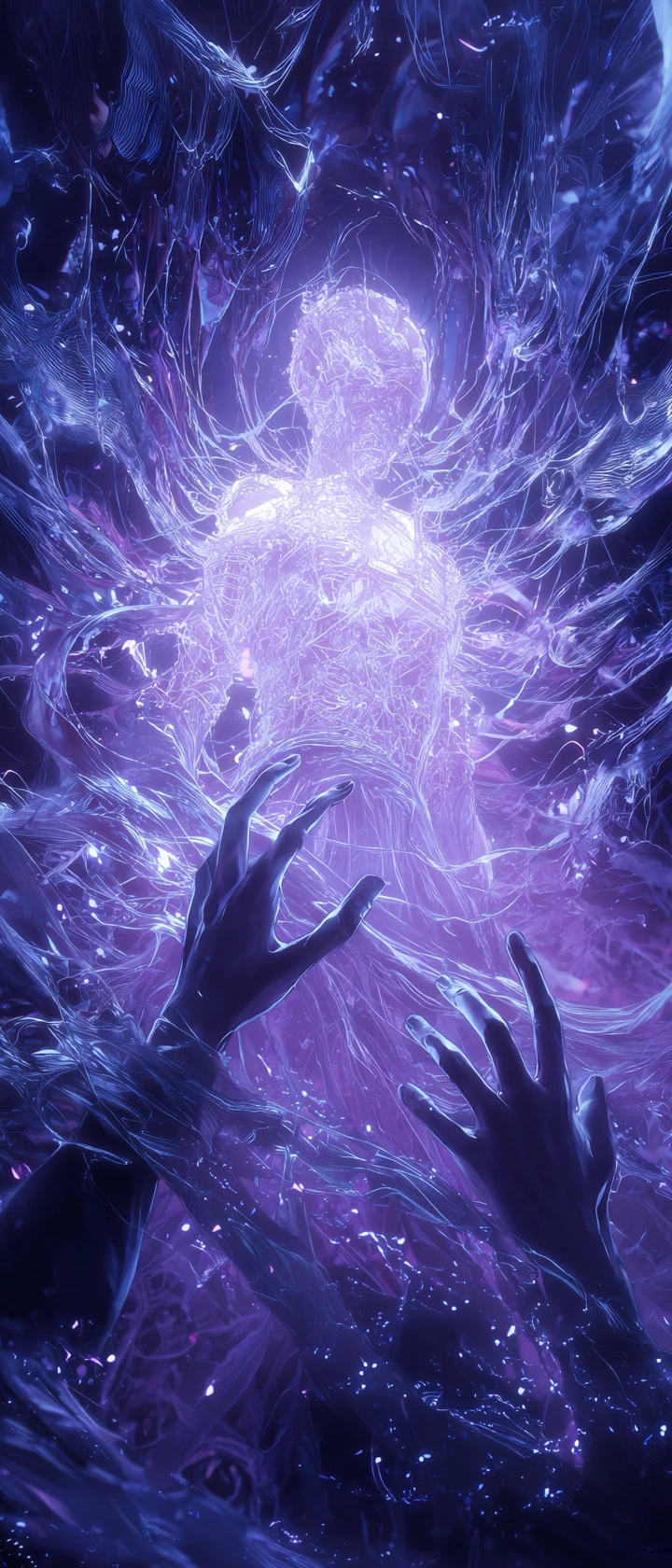 Ghostly figure drifting in a biomechanical storm of decay