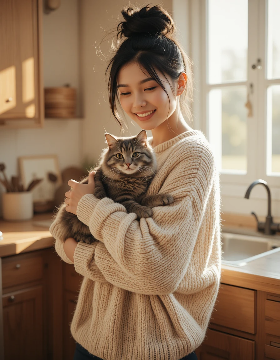 Smiling young woman cuddling cat in sunny cozy kitchen