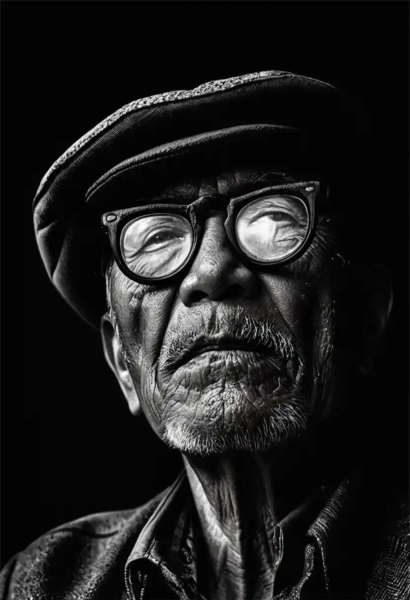 Gritty black and white close up portrait of an old man