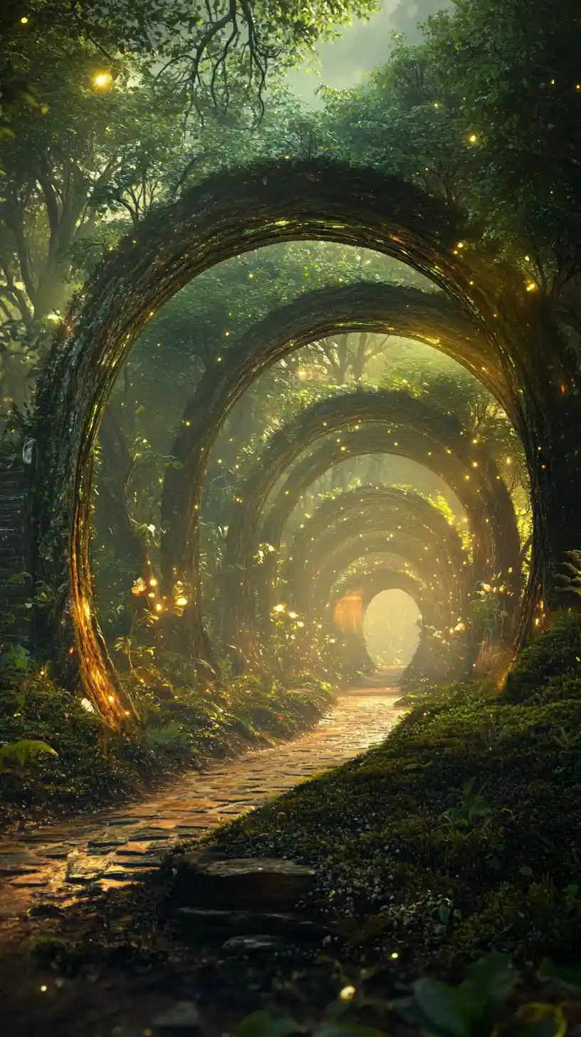 Whimsical arched doorways in a radiant enchanted forest