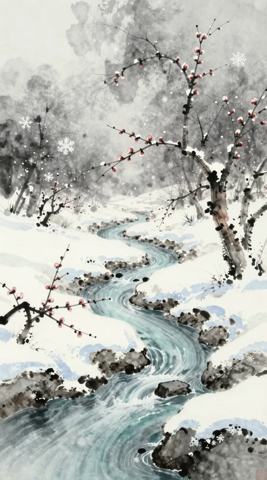 Paesaggio invernale innevato in delicata illustrazione a inchiostro