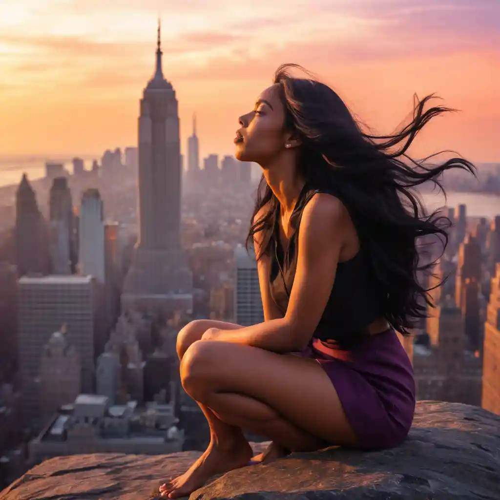Woman on skyscraper edge at sunset over city skyline