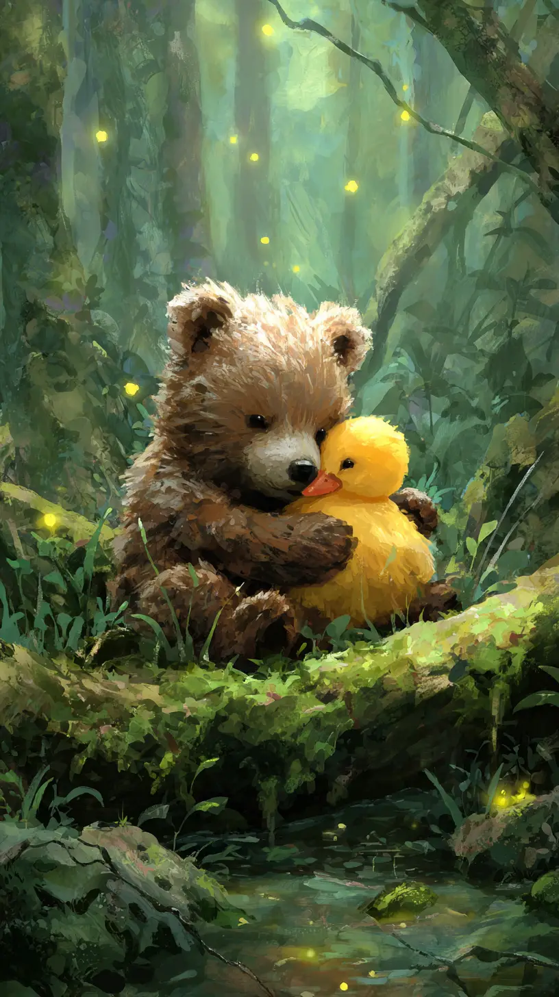 Cute bear cub hugging a yellow duckling in forest