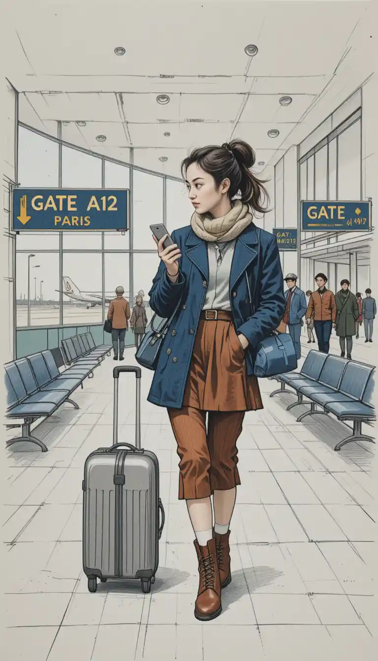 Asian woman walking through a busy airport terminal