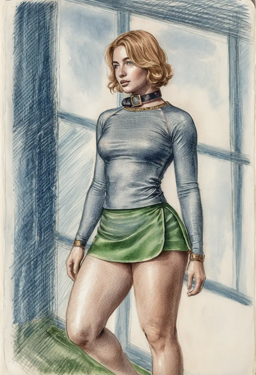 Giovane donna davanti alla finestra in disegno a matite colorate