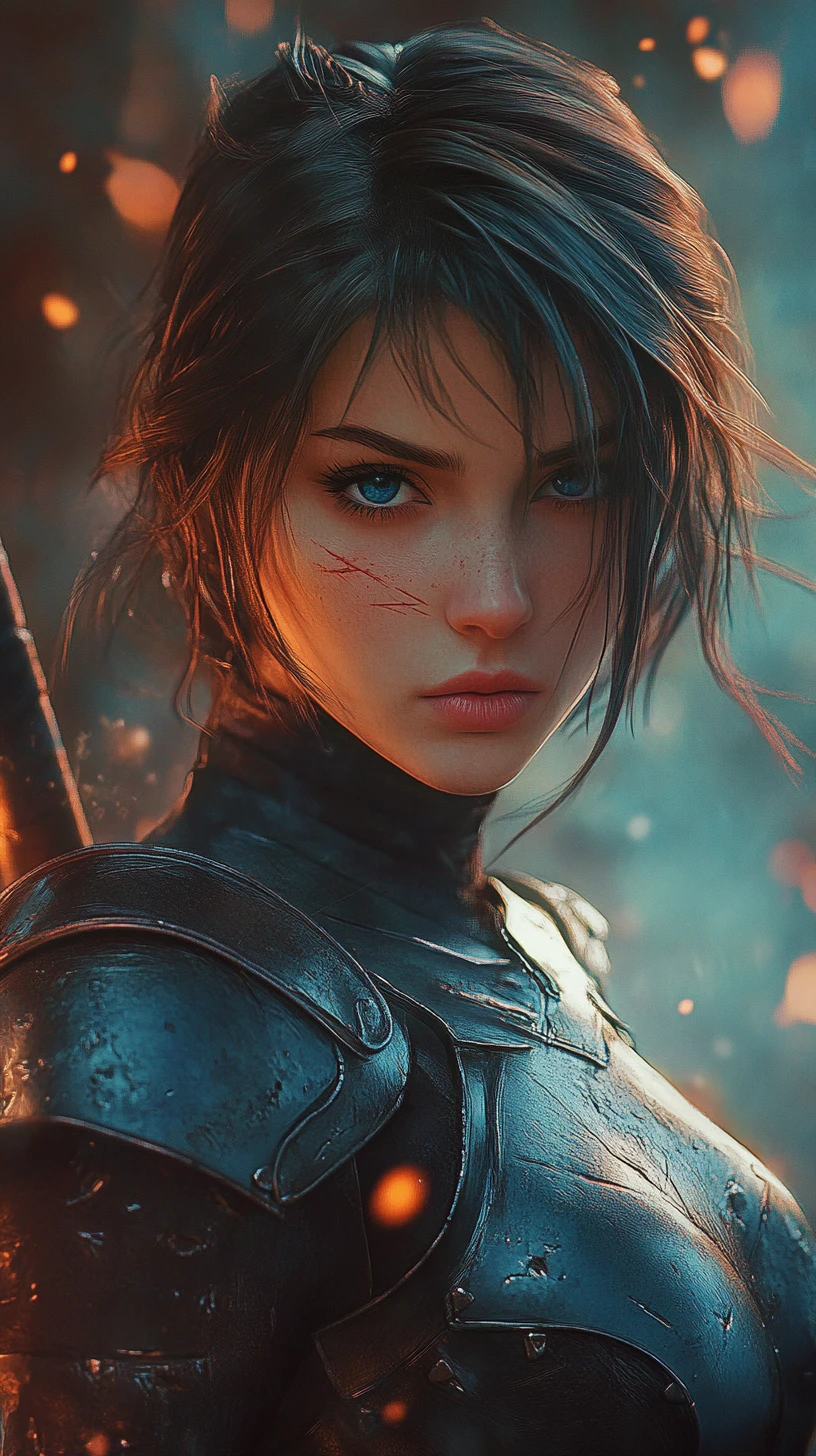 Heroína guerrera de anime con brillantes ojos azules llenos de determinación