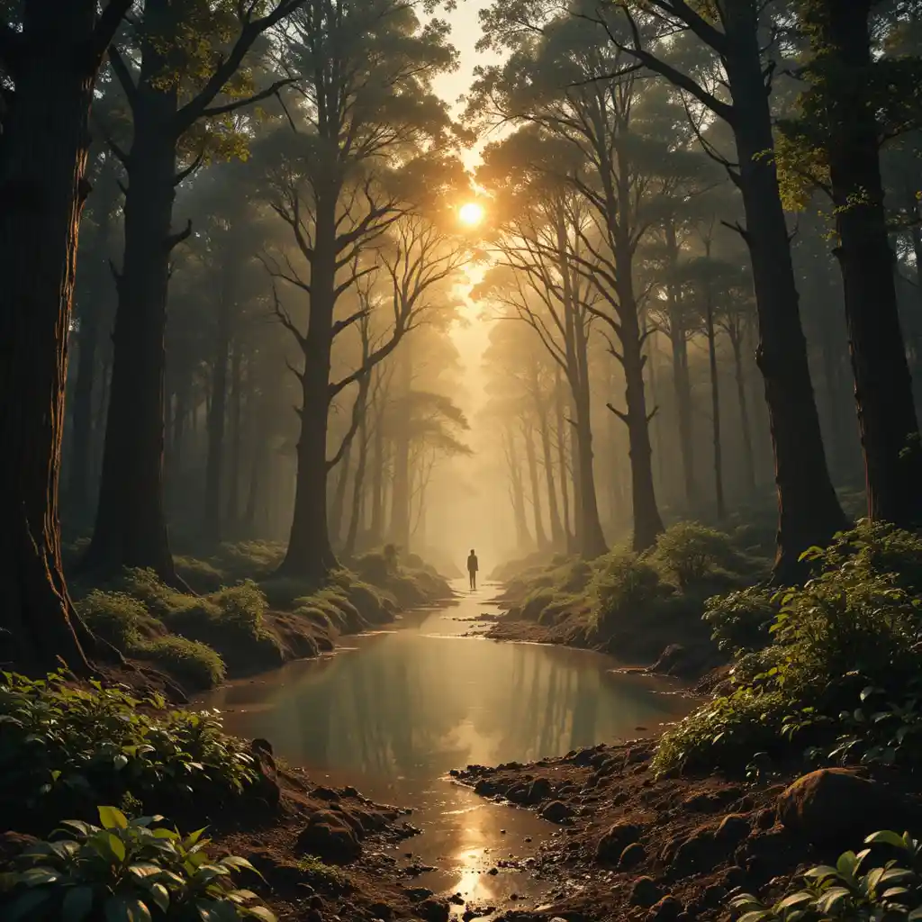Luce solare arancione che filtra tra gli imponenti alberi di una foresta antica