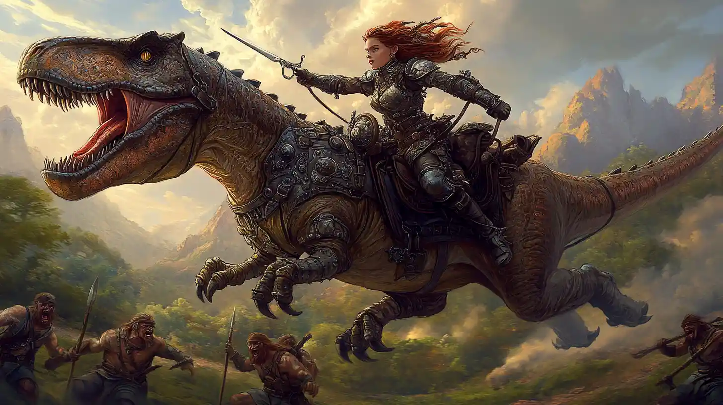 Steampunk-Kriegerin reitet auf einem Dinosaurier in die Schlacht