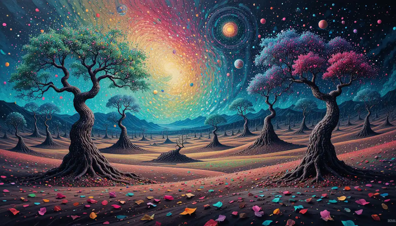 Kaleidoscopic surreal landscape with swirling pointillist color
