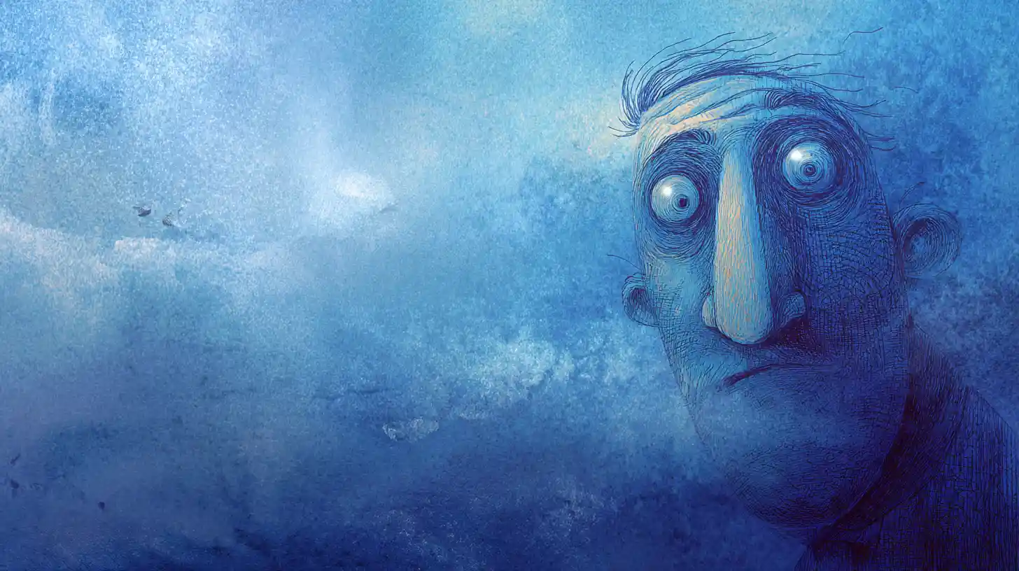 Surreal portrait of an old fisherman in mist and crayons