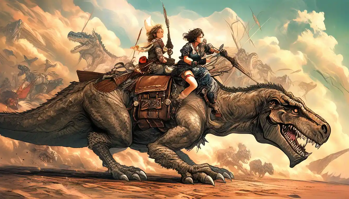 Guerriera steampunk che cavalca un dinosauro in battaglia