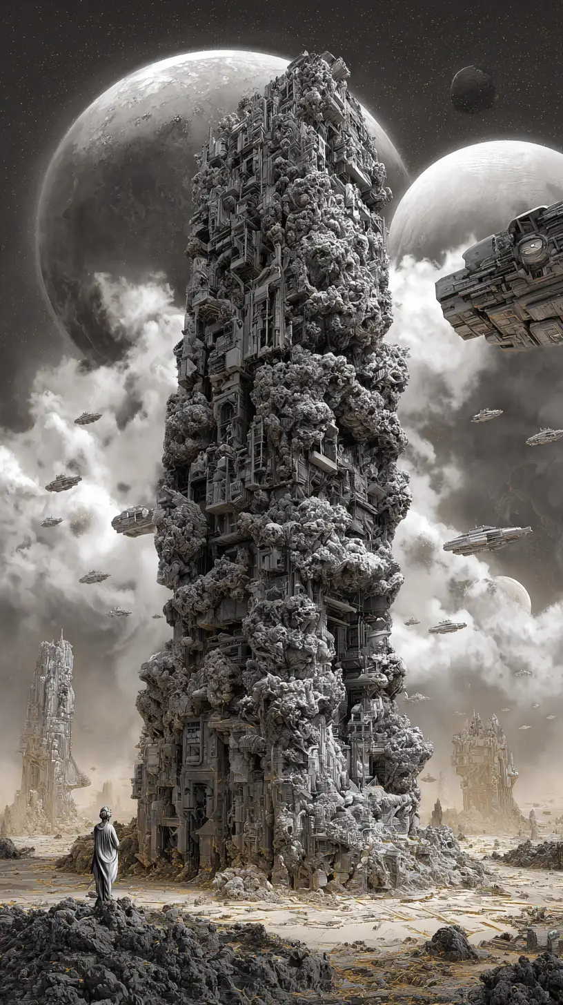 Abstract obelisk surrounded by explosive lyrical energy