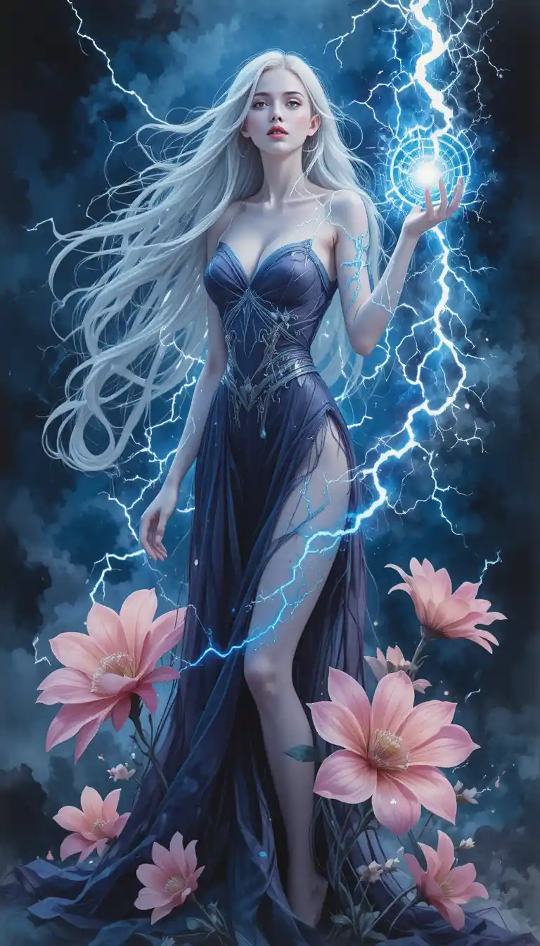 Ethereal lightning spirit woman in a stormy night sky