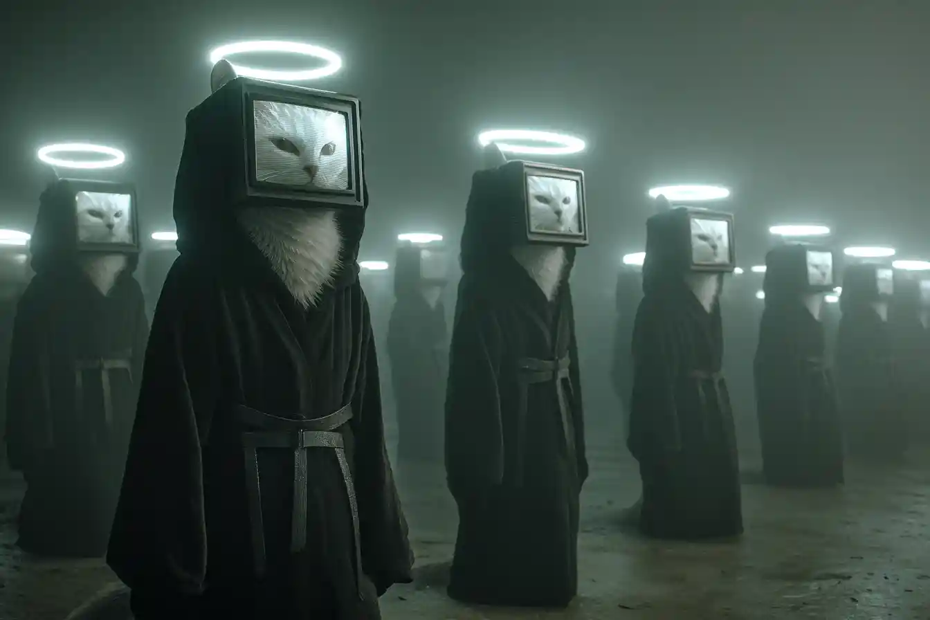 Cats In Dark Robes With Glowing Halo Tv Helmets
