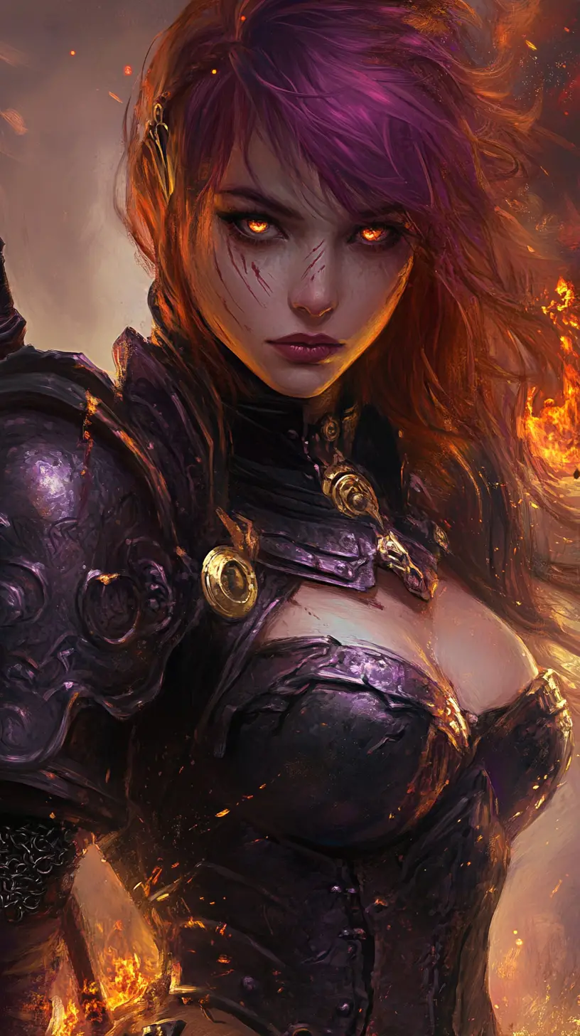 Scarred anime warrior woman in futuristic fantasy armor