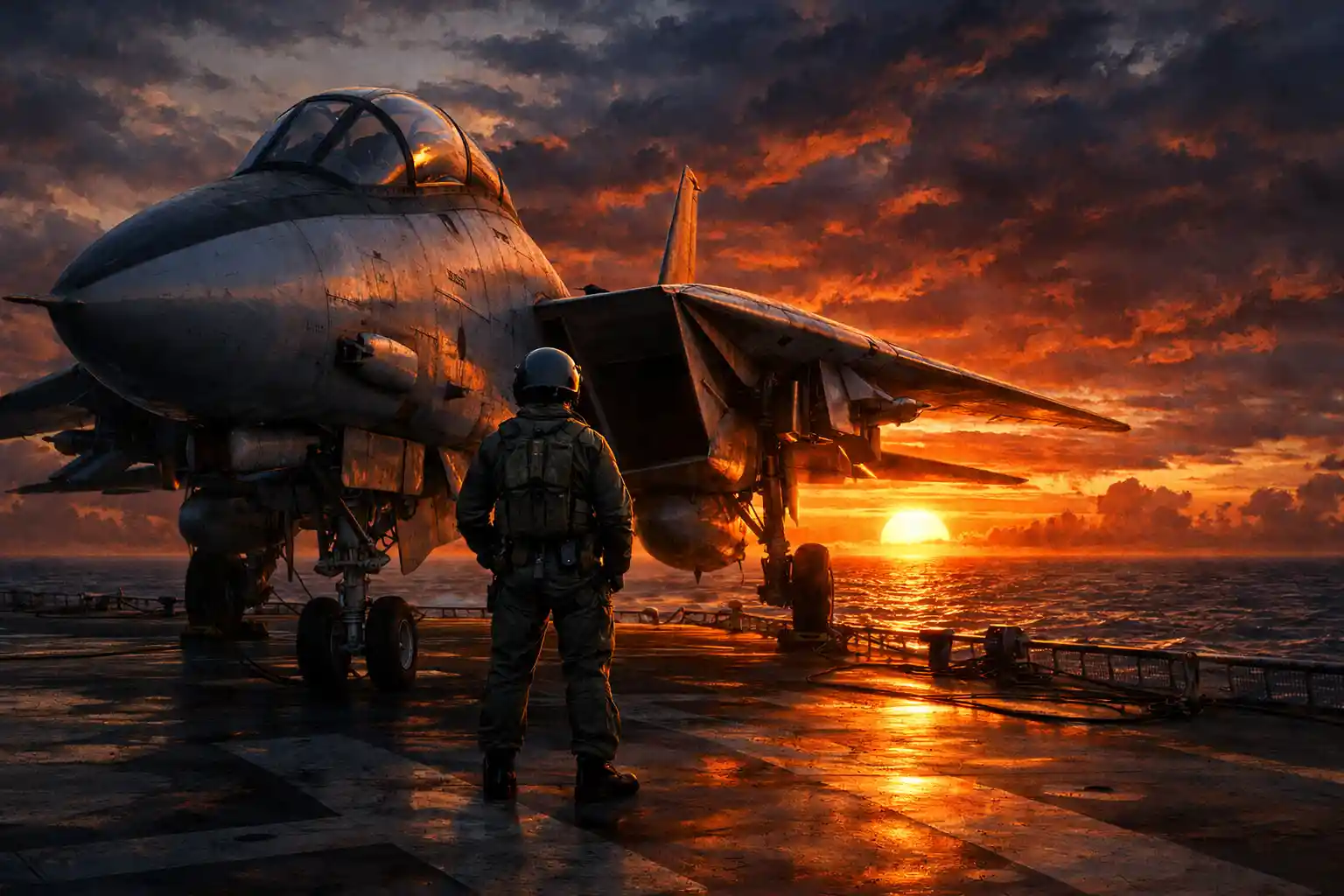 Jet F-14 e pilota sul ponte di una portaerei al tramonto