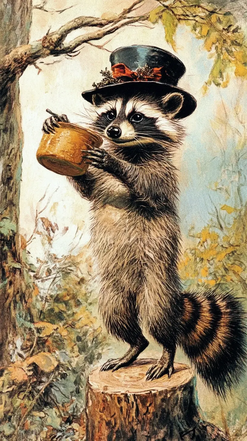 Cartoon raccoons acting like humans in a classic illustration
