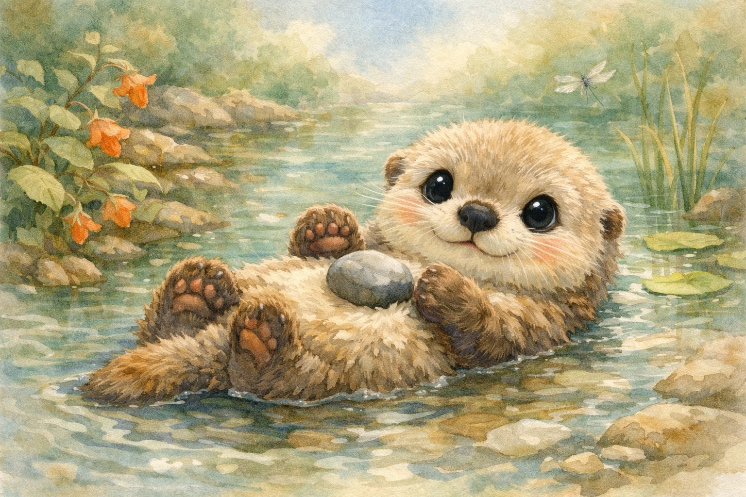 Adorable bébé loutre de rivière en aquarelle douce pour chambre de bébé
