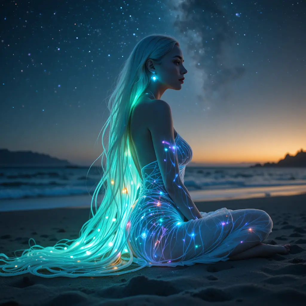 Mujer luminosa surrealista en una playa oscura y estrellada