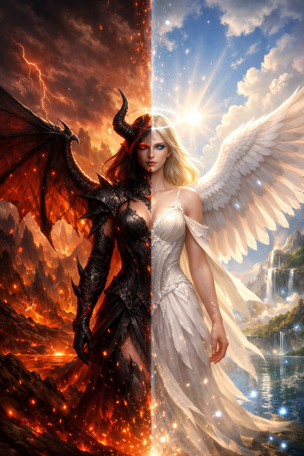 Angel and demon hybrid in a surreal split fantasy world