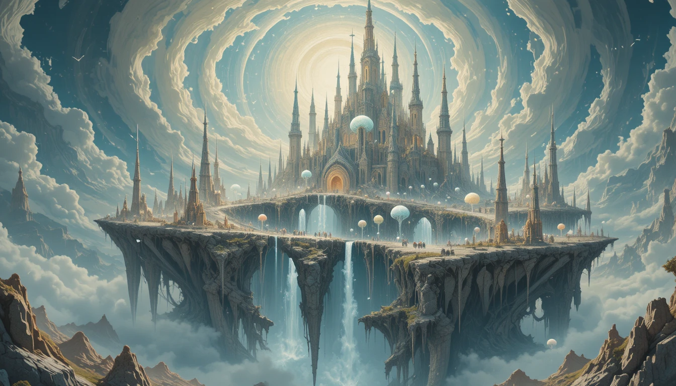 Ätherische schwebende Stadt aus Lichtwesen in einer Traumlandschaft
