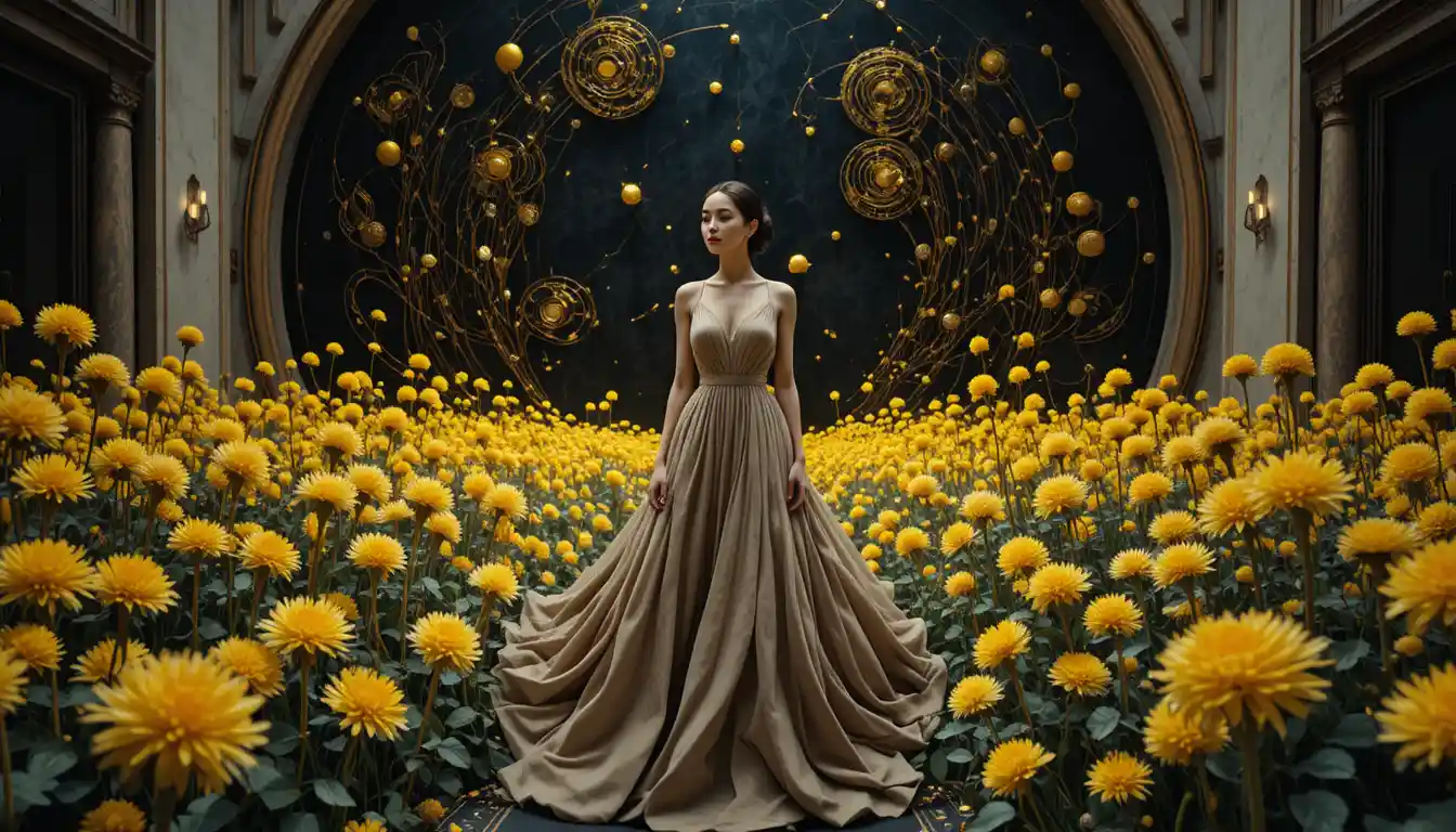 Elegant woman in gold line art against dark background