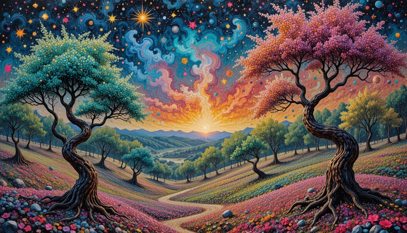 Paesaggio puntinista surreale con alberi e volti che si sciolgono
