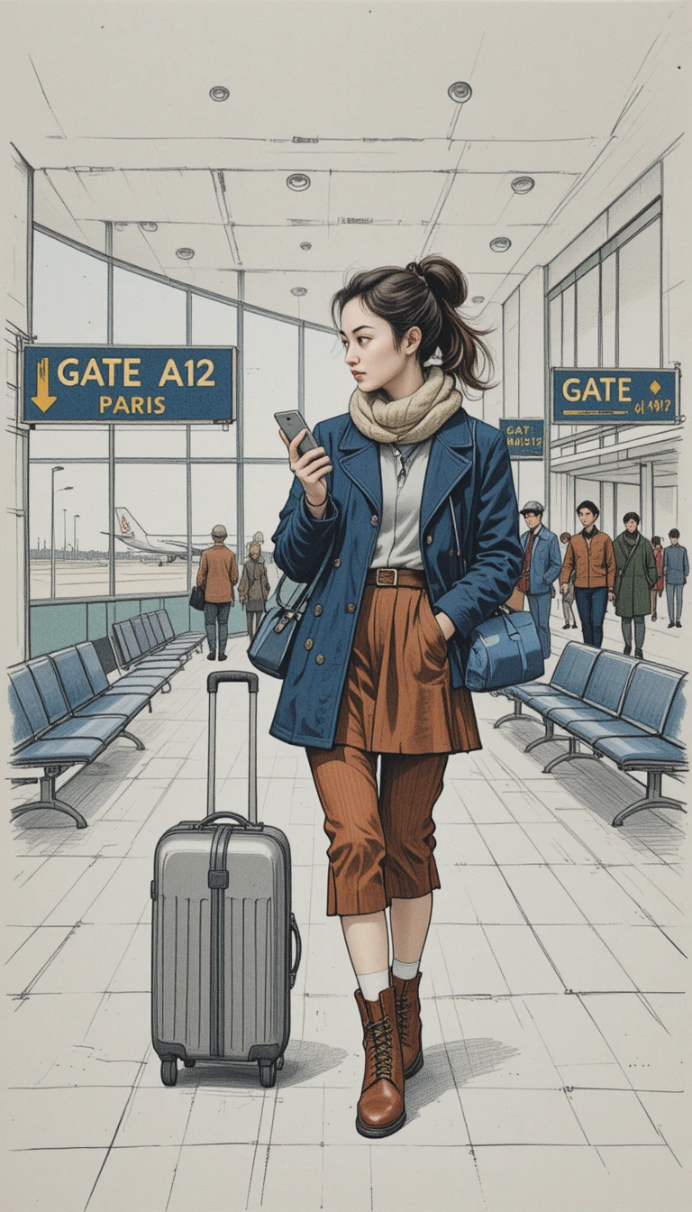 Asian woman walking through a busy airport terminal
