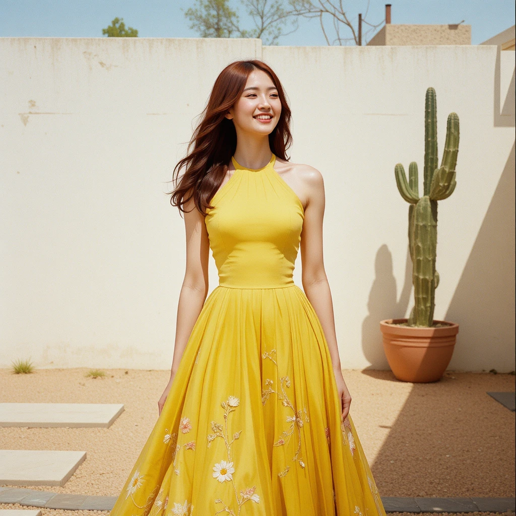 Lachende Koreanerin im gelben Neckholder-Abendkleid auf Gartenpatio
