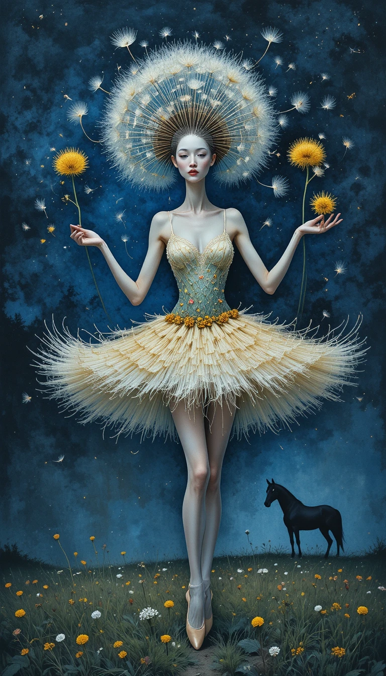 Ballerina surreale di soffioni contro un profondo cielo blu mezzanotte
