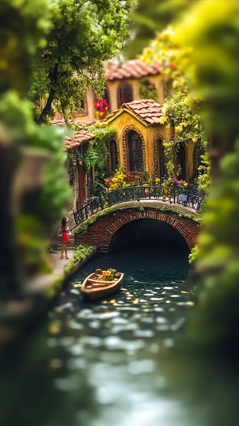 Serene aztec canal with bridge houses and walking girl
