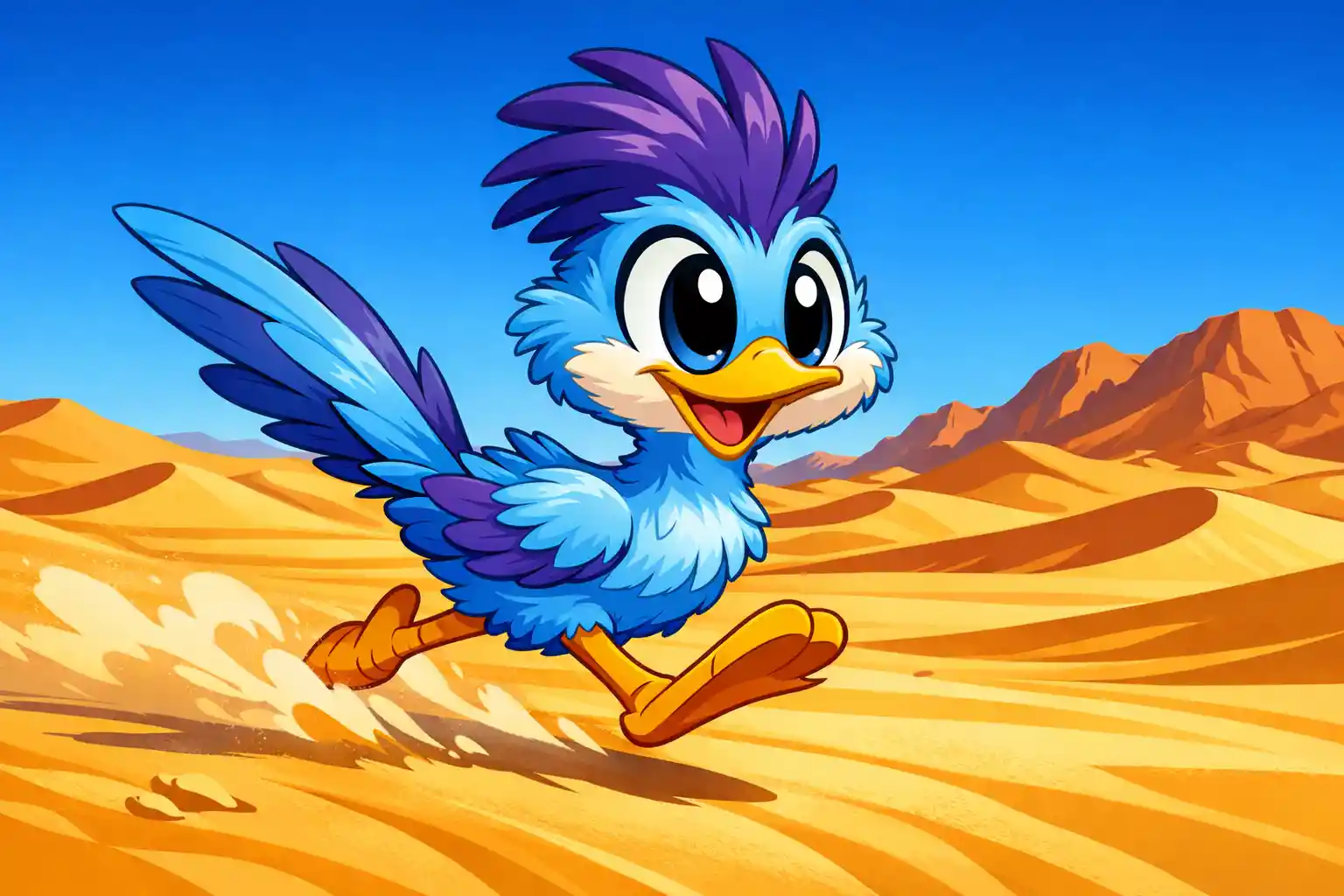 Pulcino di roadrunner in stile cartoon che corre tra le dune dorate del deserto
