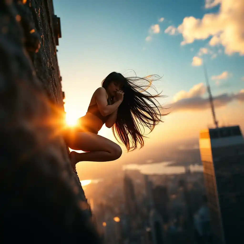 Woman on a skyscraper edge at sunset in silhouette