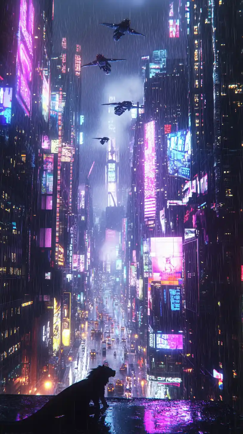 Lion watching a futuristic neon city in the rain