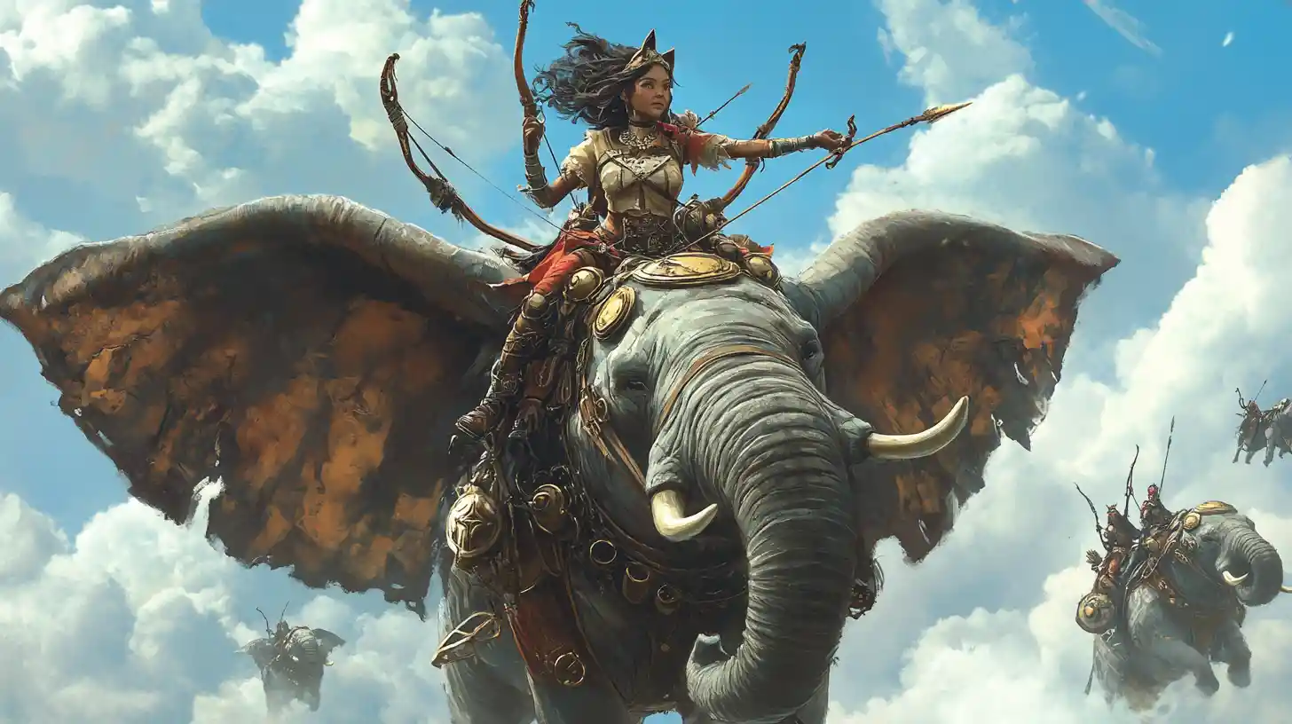 Steampunk-Kriegerin reitet auf einem fliegenden afrikanischen Elefanten
