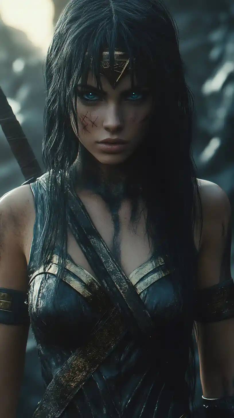 Heroína guerrera de anime con brillantes ojos azules decididos