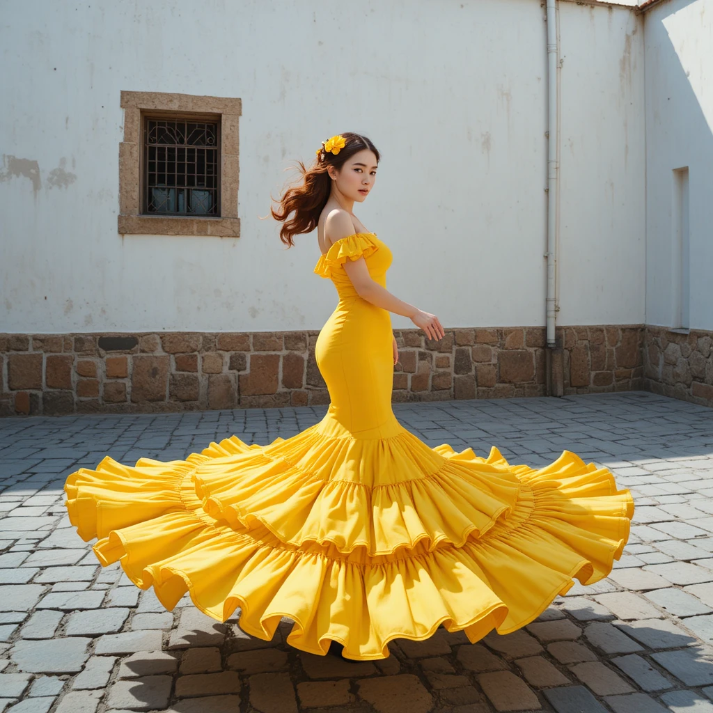 Koreanische Frau im gelben Flamenco-Kleid wirbelt in einem Hof in Sevilla