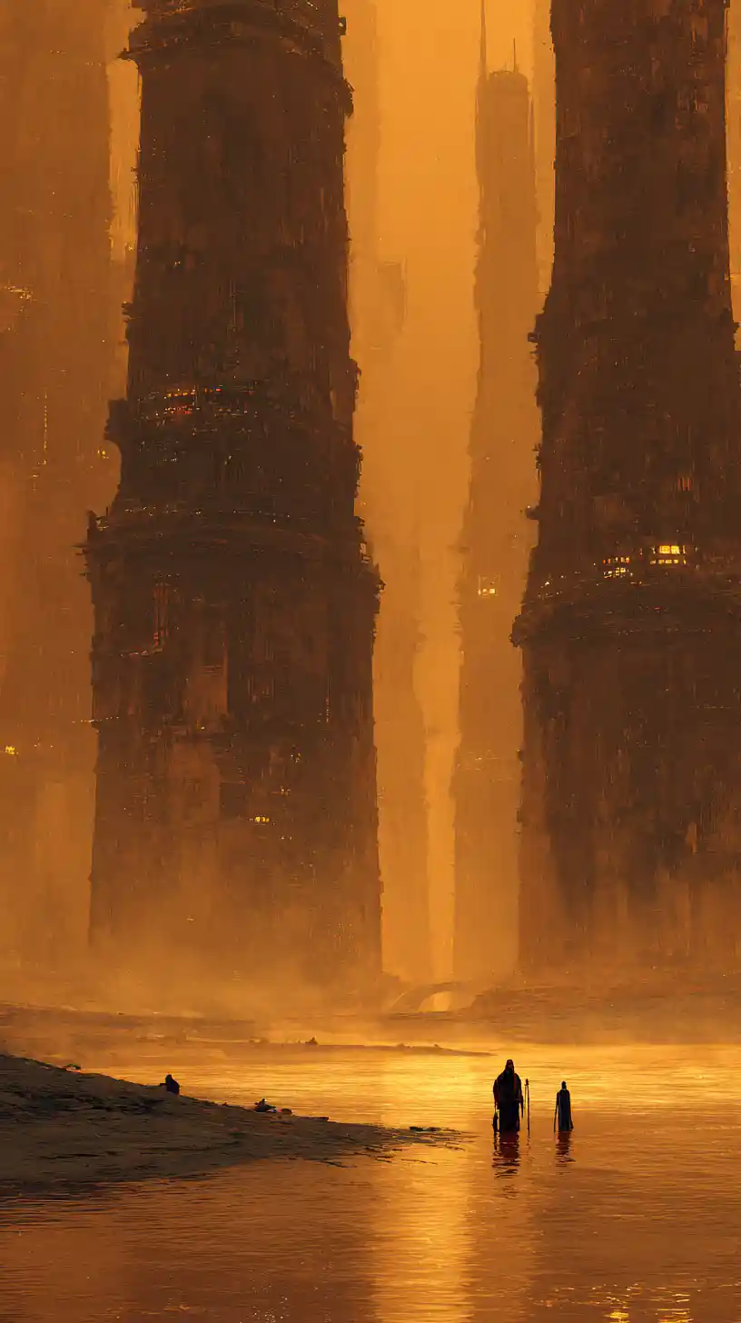Minuscole figure incappucciate tra torri colossali nella nebbia ambrata