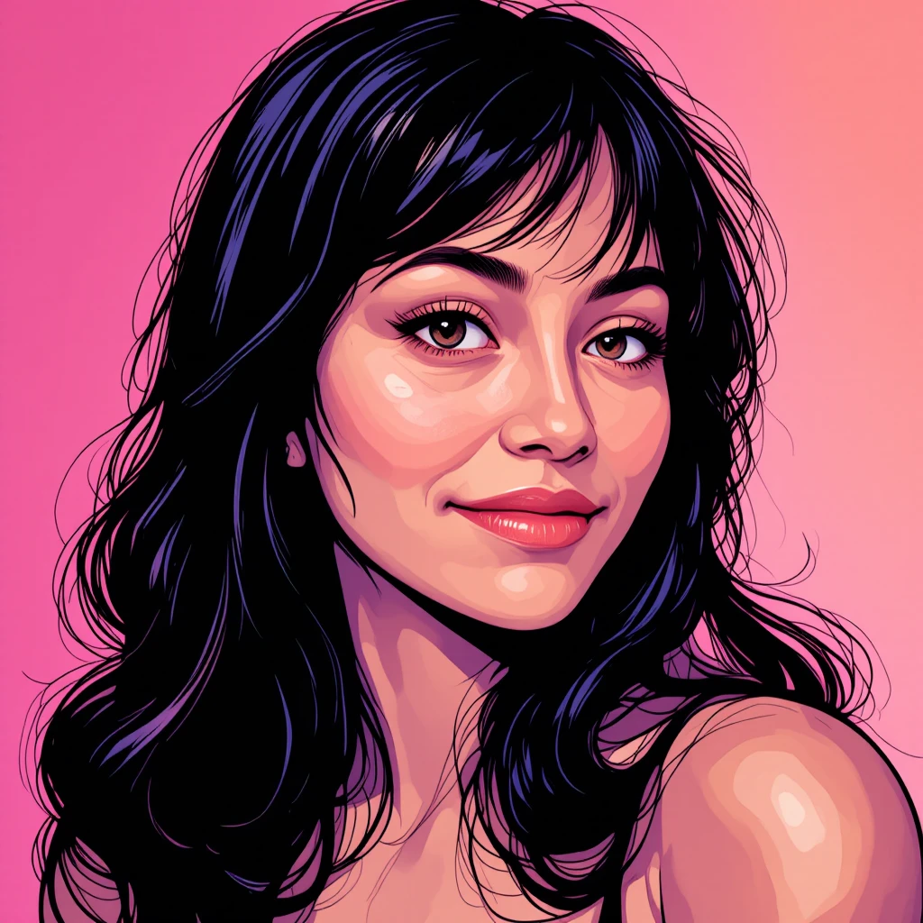 Smiling pop art woman with long wavy black hair