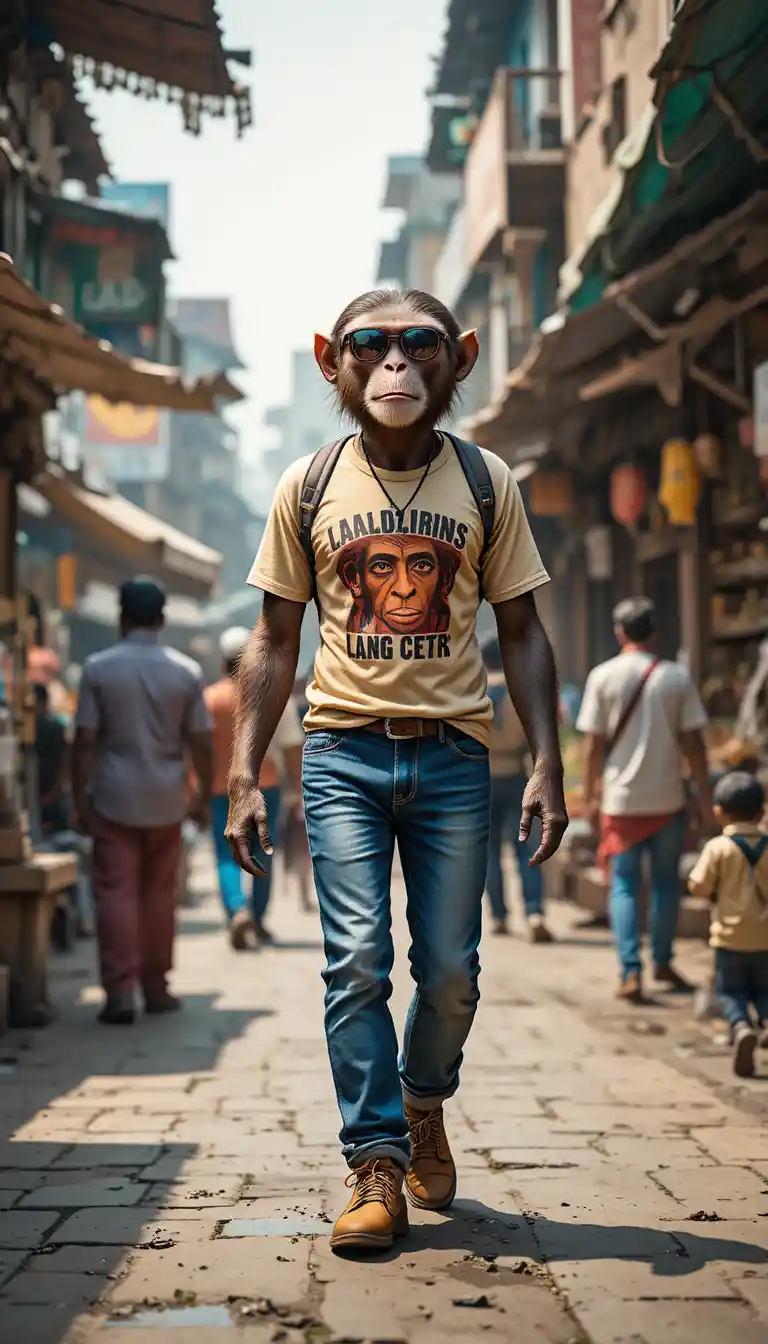 Monkey Walking Upright Through A Colorful Indian Market