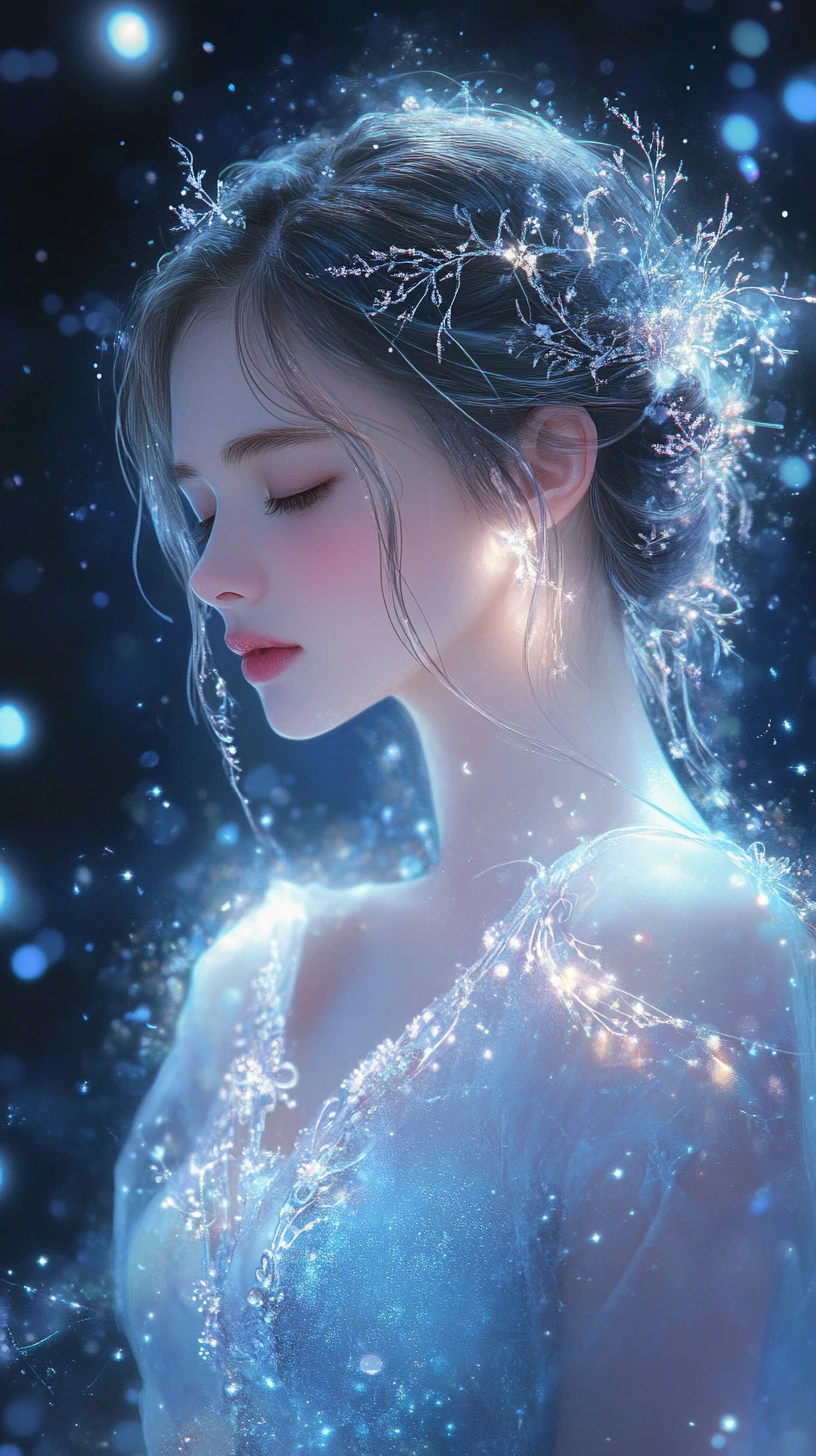 우주 밤하늘 아래 빛나는 푸른 드레스를 입은 몽환적인 소녀