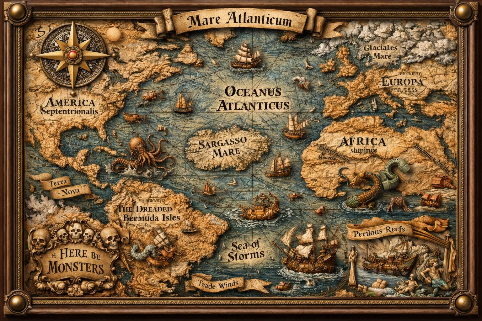 Ancienne carte 3D de l’océan Atlantique avec monstres marins
