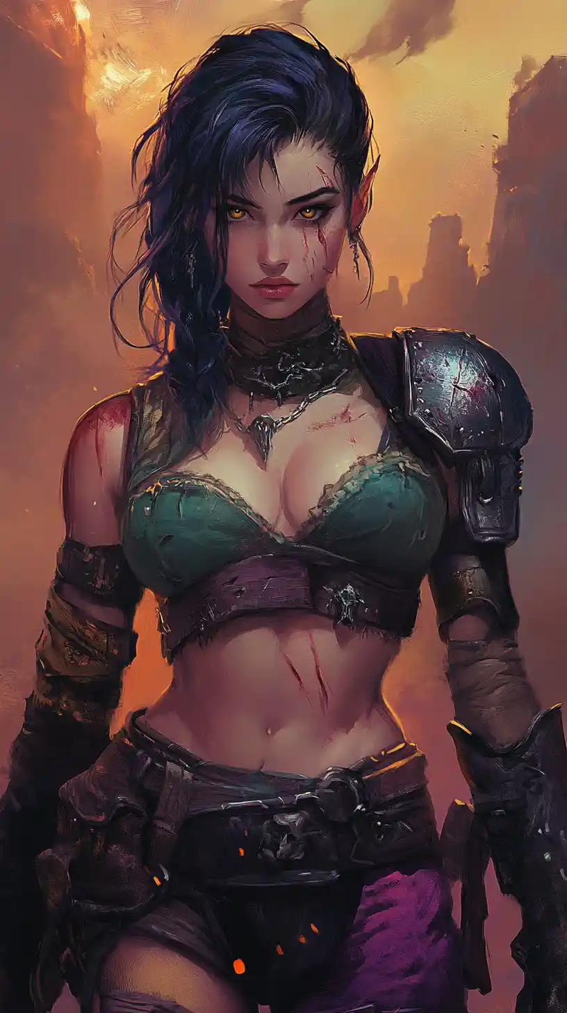 Close up of tattooed anime warrior woman with armor