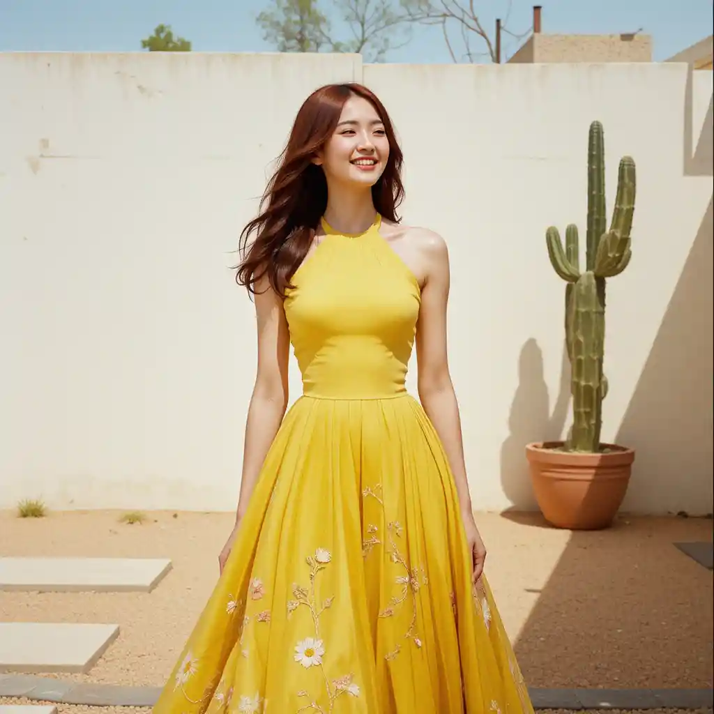 Donna coreana che ride in abito giallo halter sul patio del giardino
