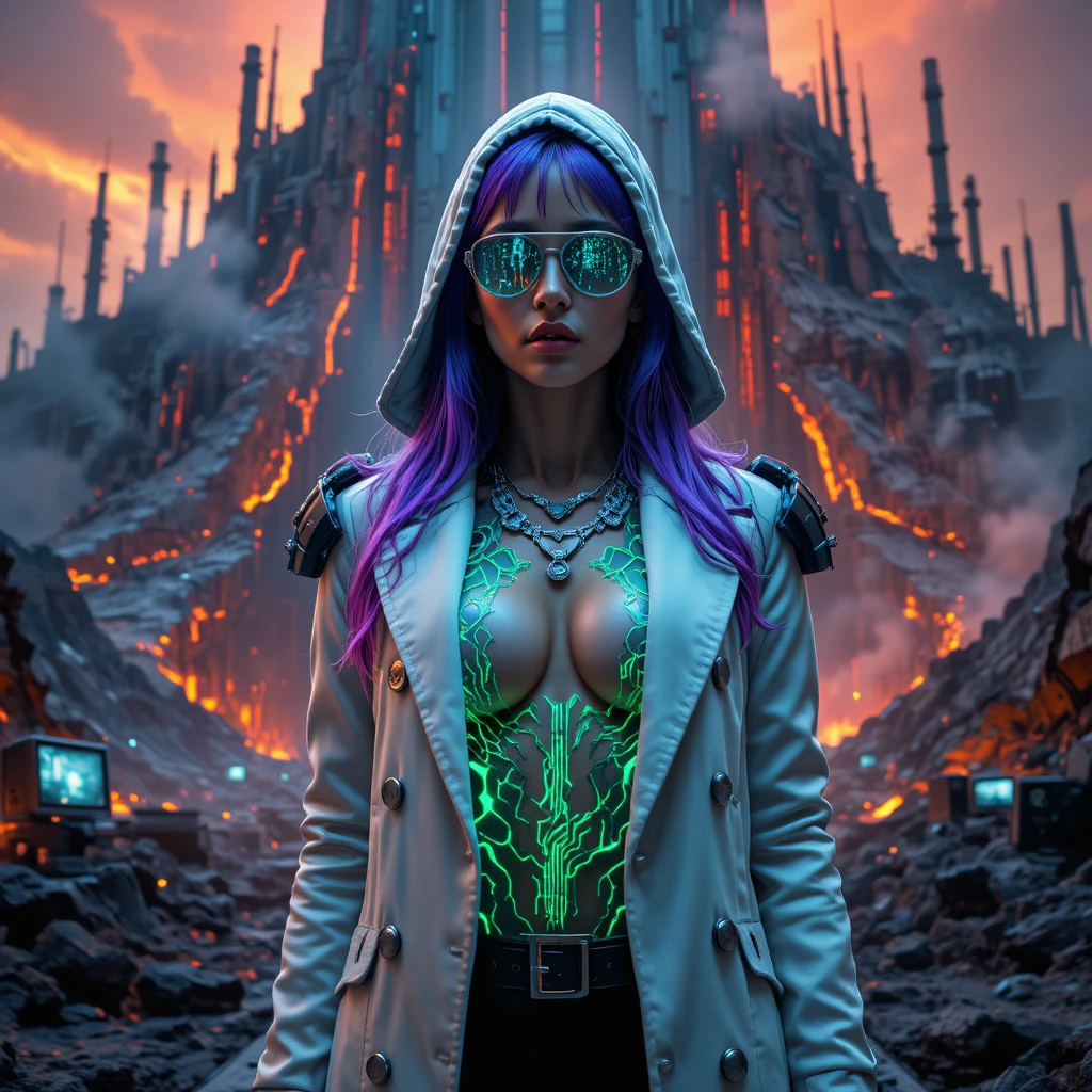 Cyberpunk femme fatale before volcanic techno temple