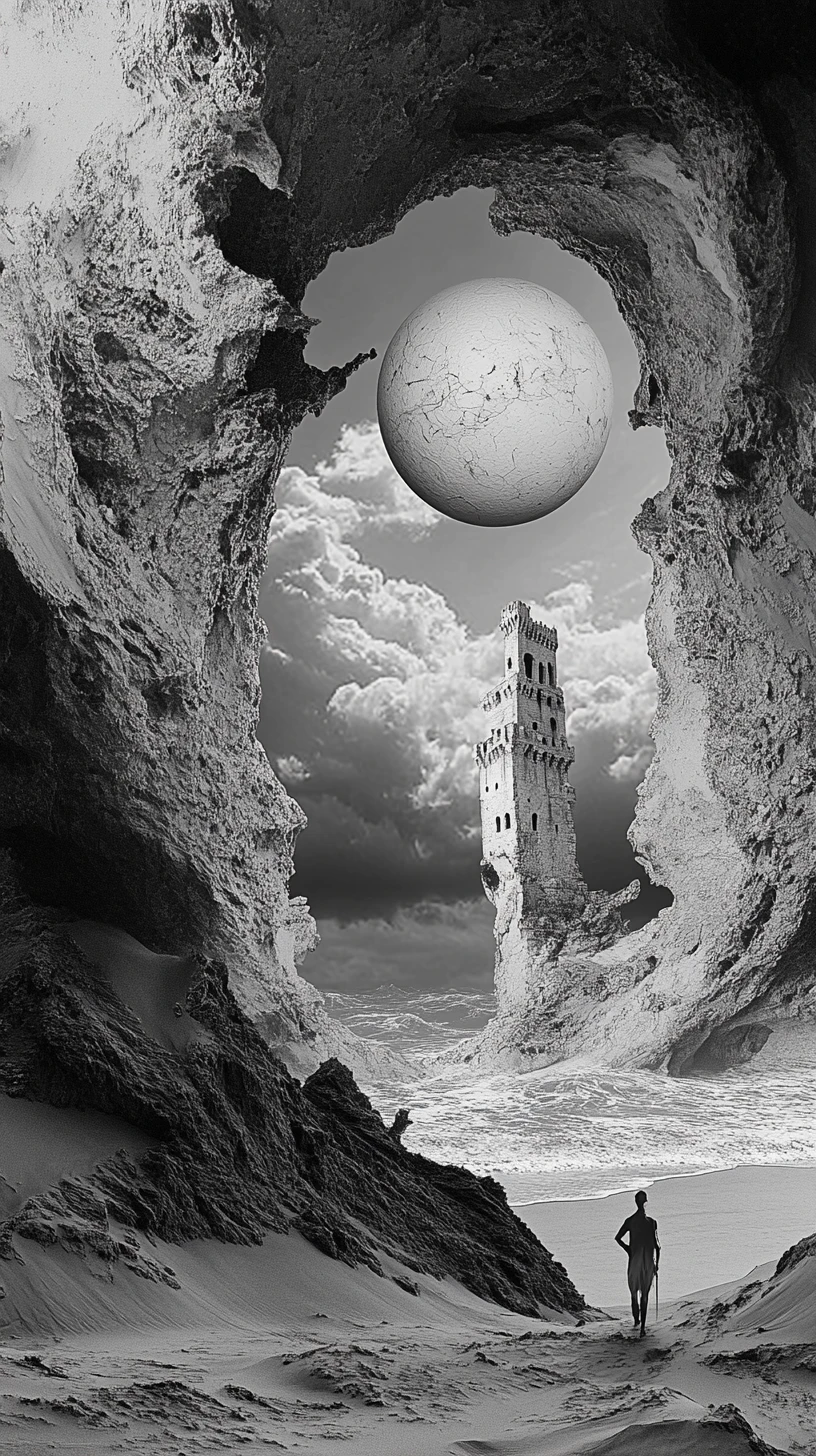 Warrior gripping a sword beside a fragile sand castle