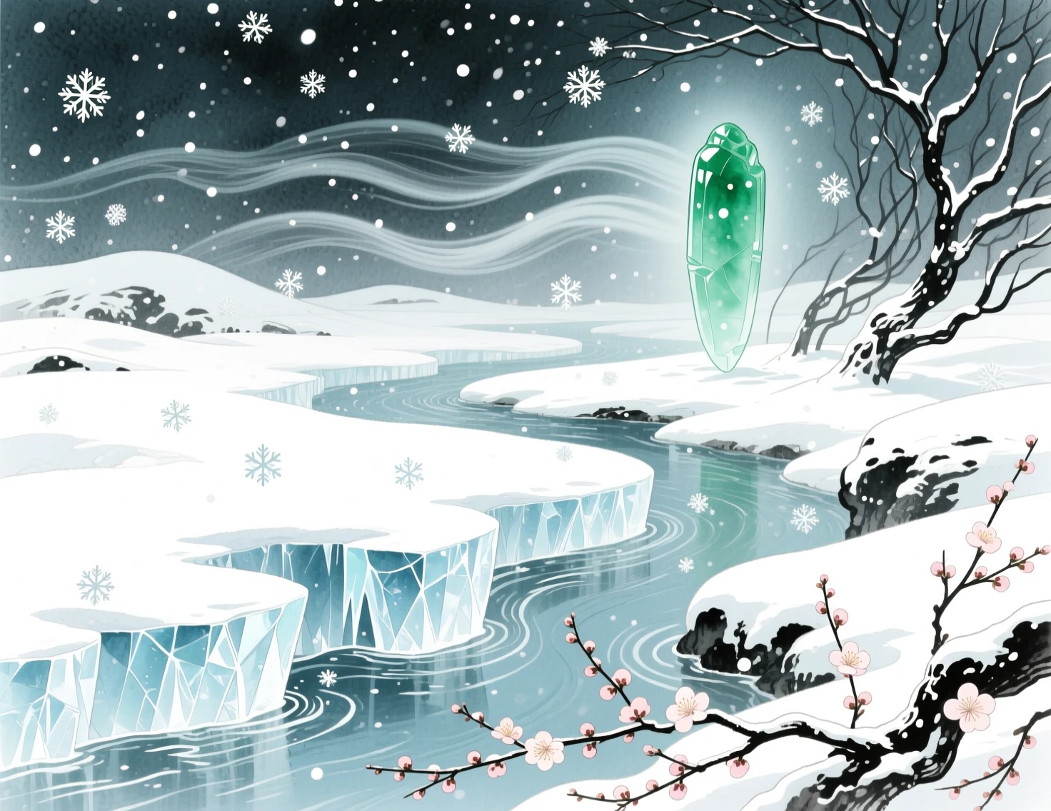 Serene Snowy Landscape With Ice And Distant Mountains